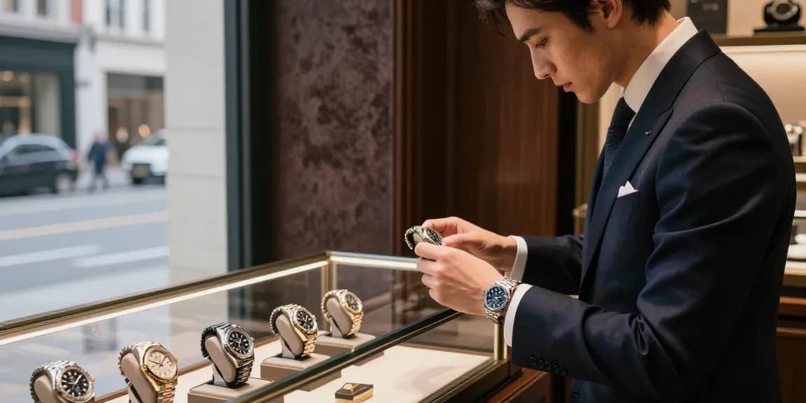 Stylish individual examining super clone watches in a luxury boutique.
