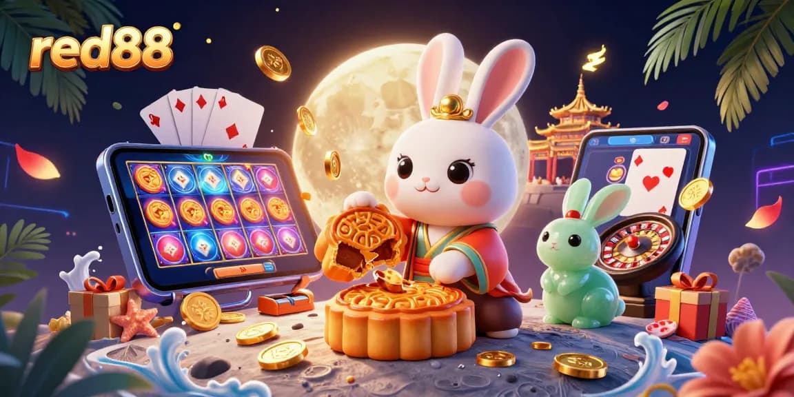 Experience red88's vibrant casino scene with a moon rabbit and exciting gaming elements