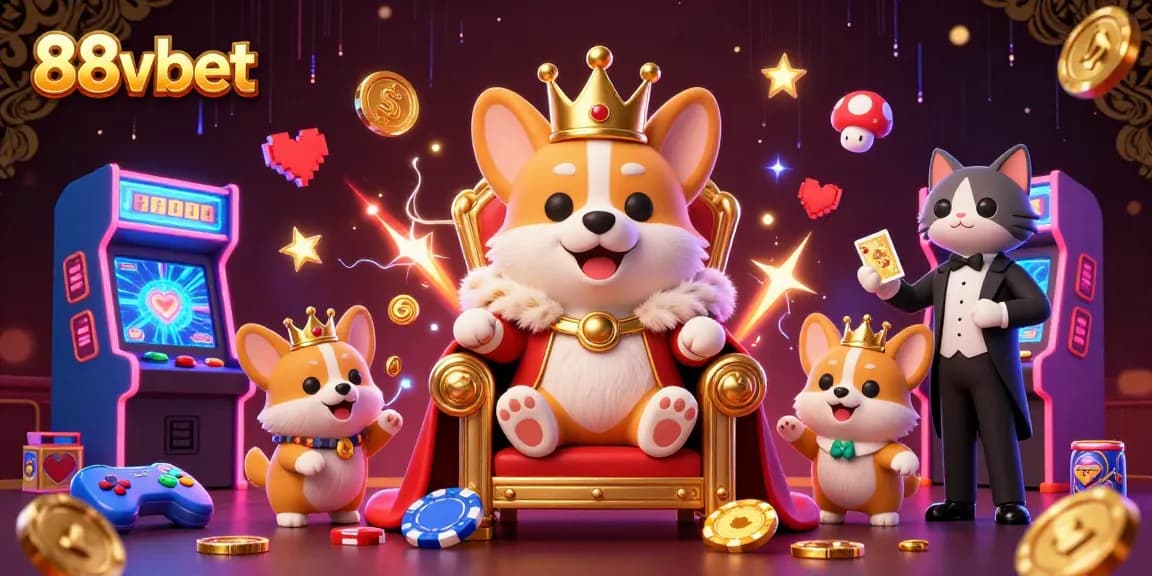 Chơi game tại 88vbet với chú corgi hoàng gia và sòng bài đầy màu sắc.
