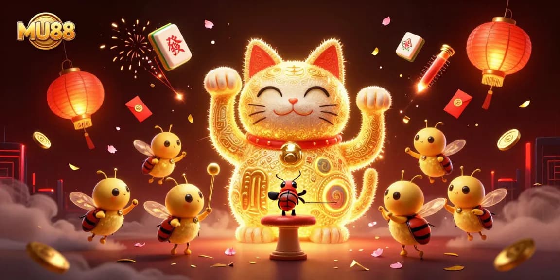 Experience the thrill of MU88 with a dazzling lucky cat and dynamic casino elements.