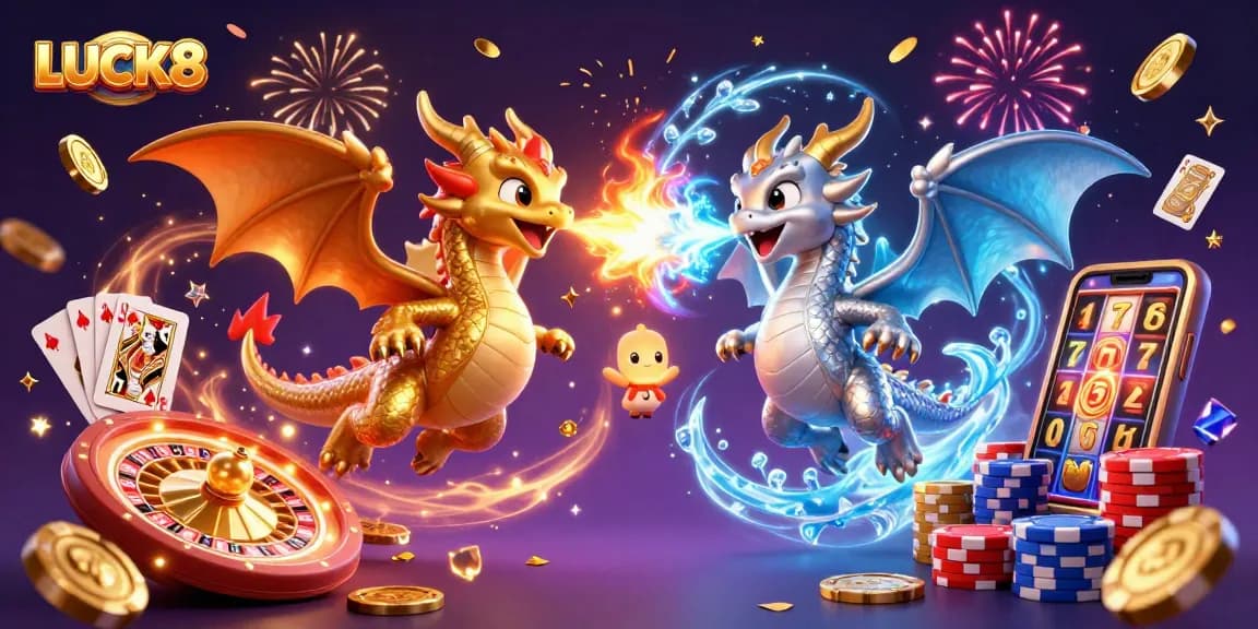 Engage with LUCK8's thrilling gaming experience featuring 3D cartoon dragons amidst a dynamic casino environment.