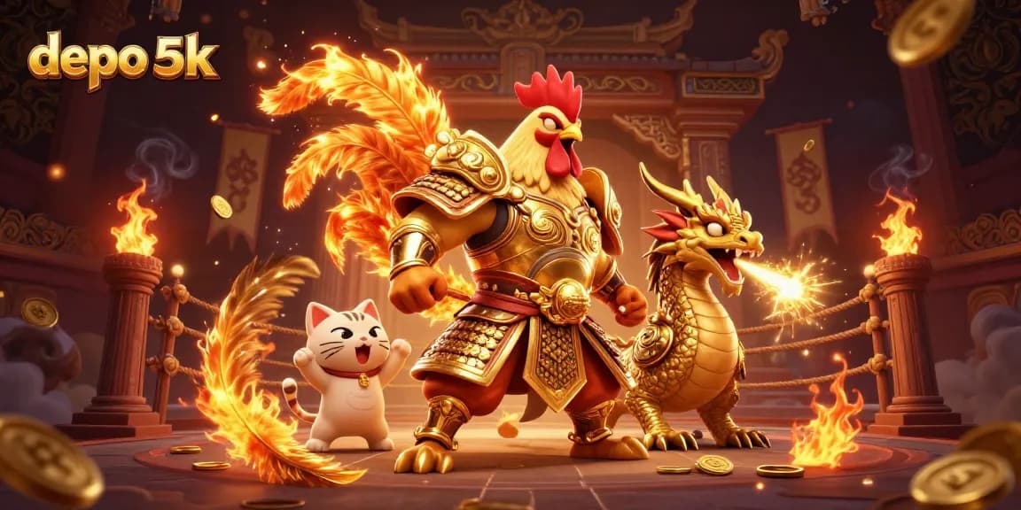 Enjoy the thrill of depo 5k slot games with vibrant characters and golden sparkles.