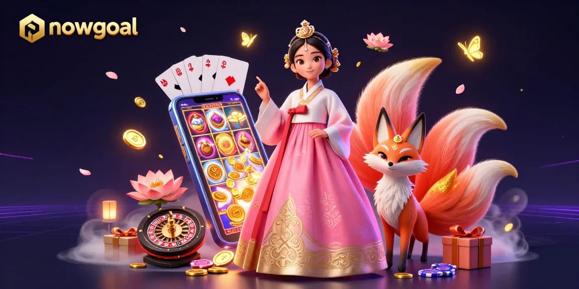 Experience thrilling gaming action with nowgoal featuring an elegant woman in hanbok alongside a lucky nine-tailed fox.