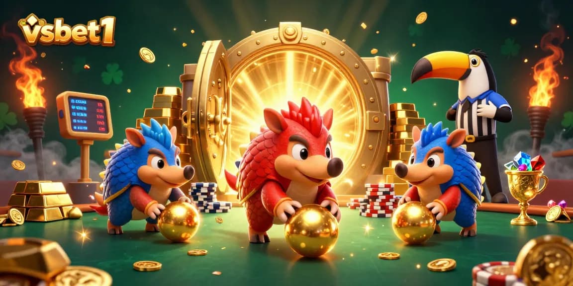 Experience thrilling gameplay with the vibrant vsbet1 pangolins amidst golden treasures and poker chips.