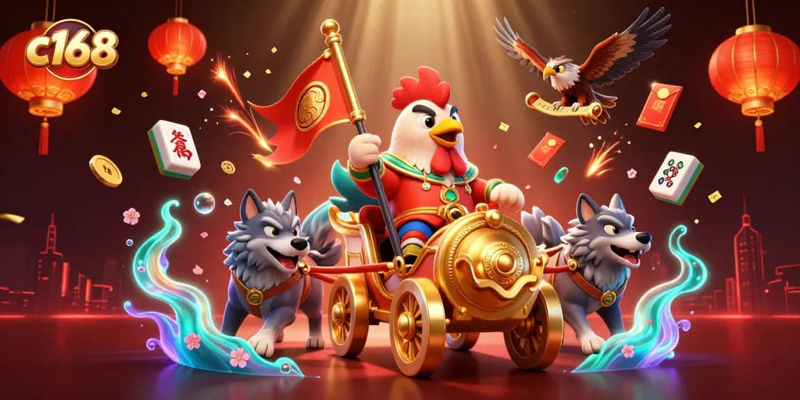 Experience thrilling gaming with c168 featuring dynamic casino elements and a majestic rooster warlord.