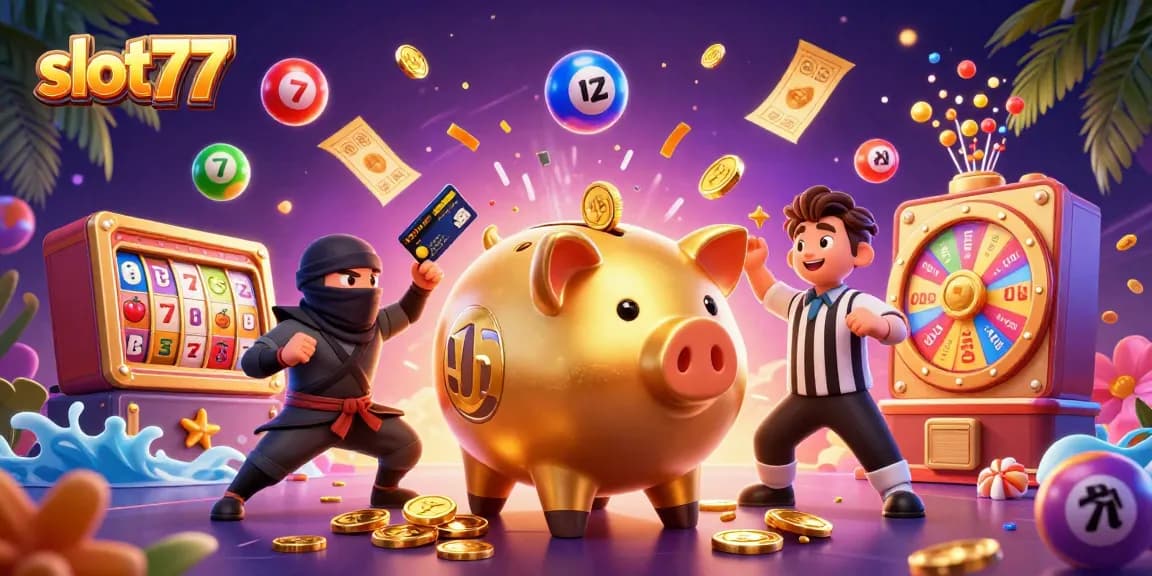 Win big with slot77 as the golden piggy bank sumo wrestler shakes loose coins in a festive casino scene.