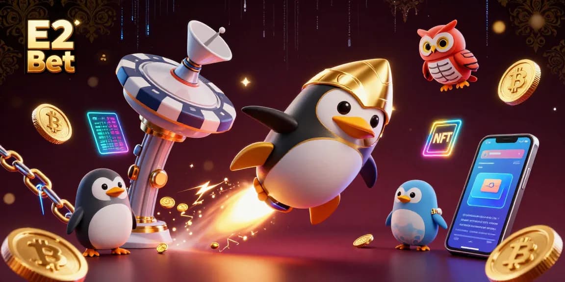 E2 Bet offers exciting gaming experiences while a golden penguin soars towards a vibrant casino.