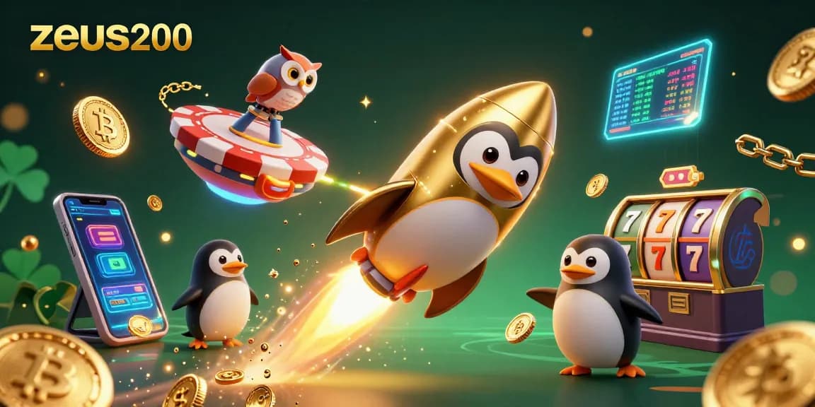 zeus200 merayakan keberuntungan di kasino dengan penguin emas dan koin berkilau