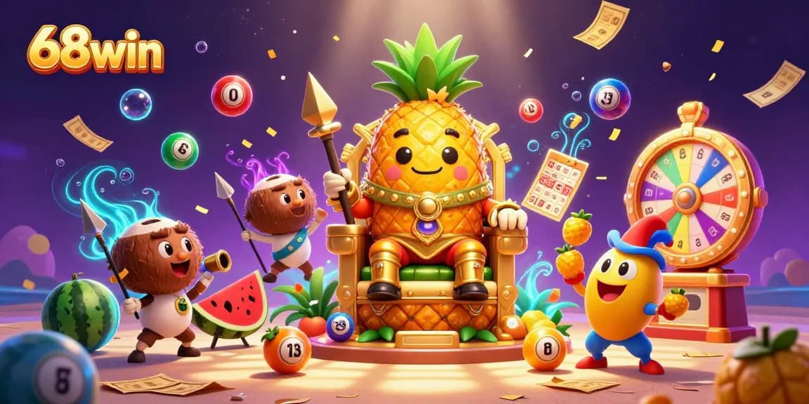 Engage in thrilling gameplay at 68win, featuring lively game elements like a pineapple king and vibrant lottery balls.