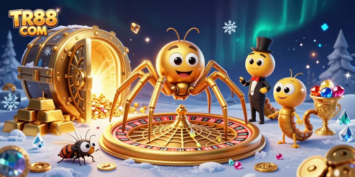 Engage with TR88 COM's exciting gaming world, featuring a golden spider and dynamic casino elements.