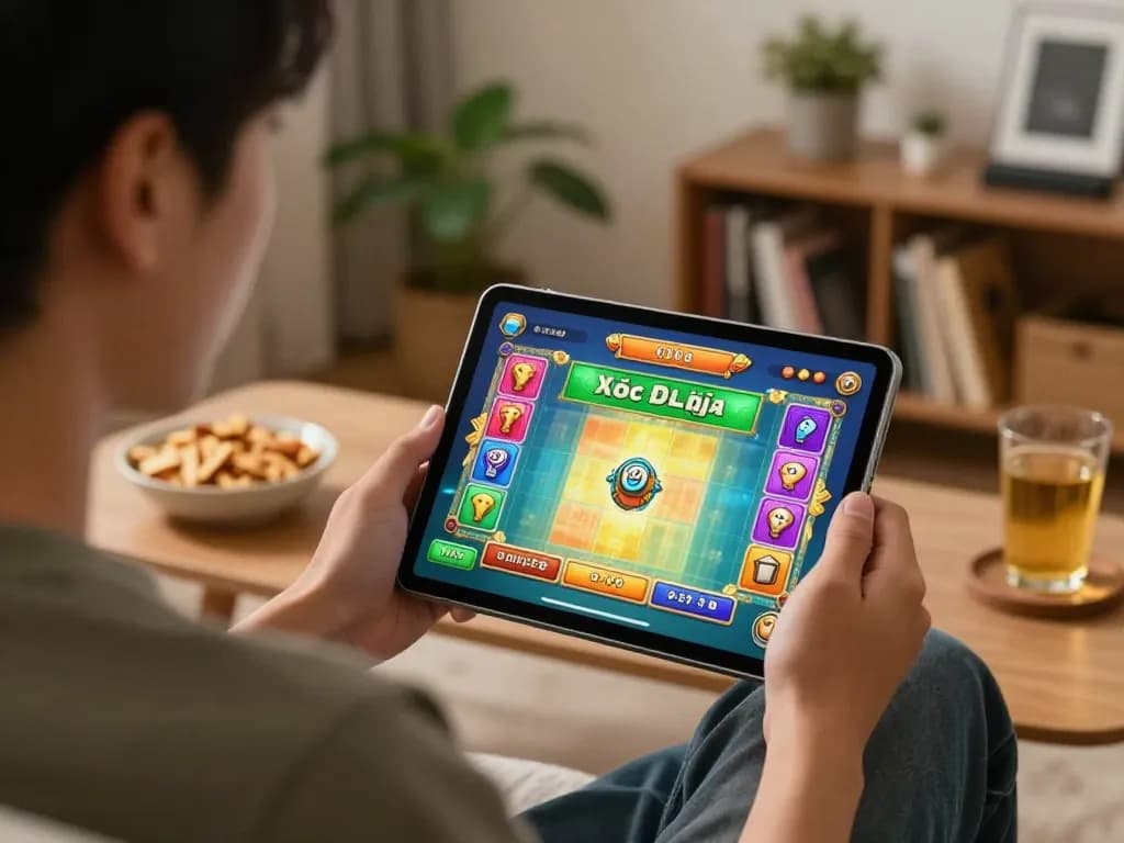 Engaging in xocdiavn online game with a tablet, enjoying a cozy home setting.