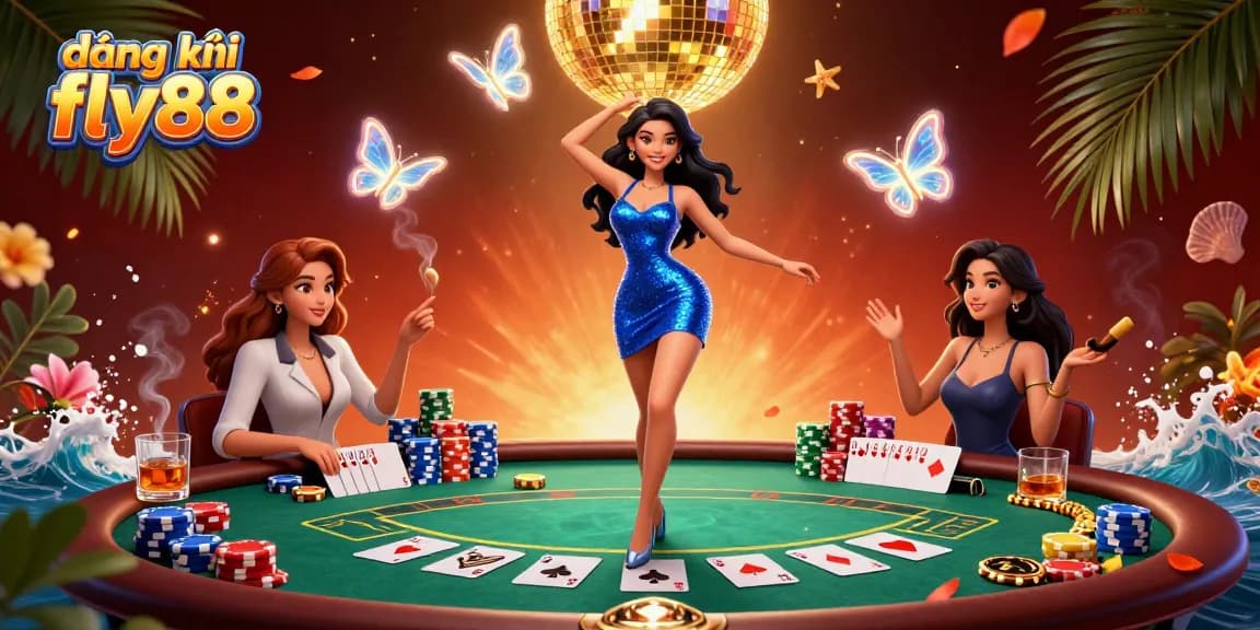 Join the excitement at đăng ký fly88, featuring vibrant casino elements and a glamorous character amidst a poker scene.