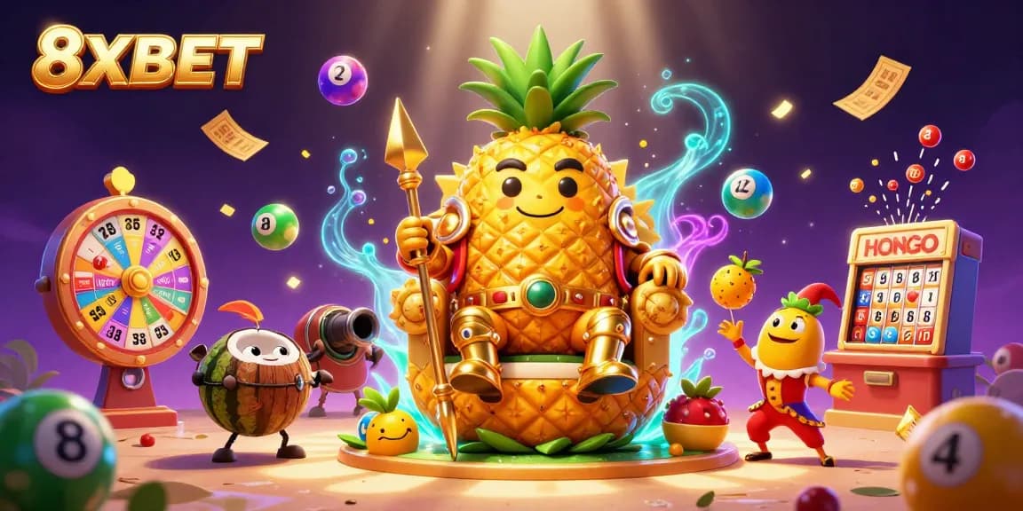 Engage in exciting casino fun with the vibrant 8XBET illustration featuring a lively golden pineapple king and whimsical elements.