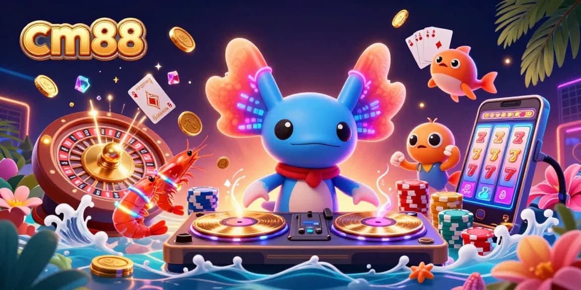 Experience lively gaming at cm88 with a neon axolotl DJ, cascading coins, and vibrant casino elements.
