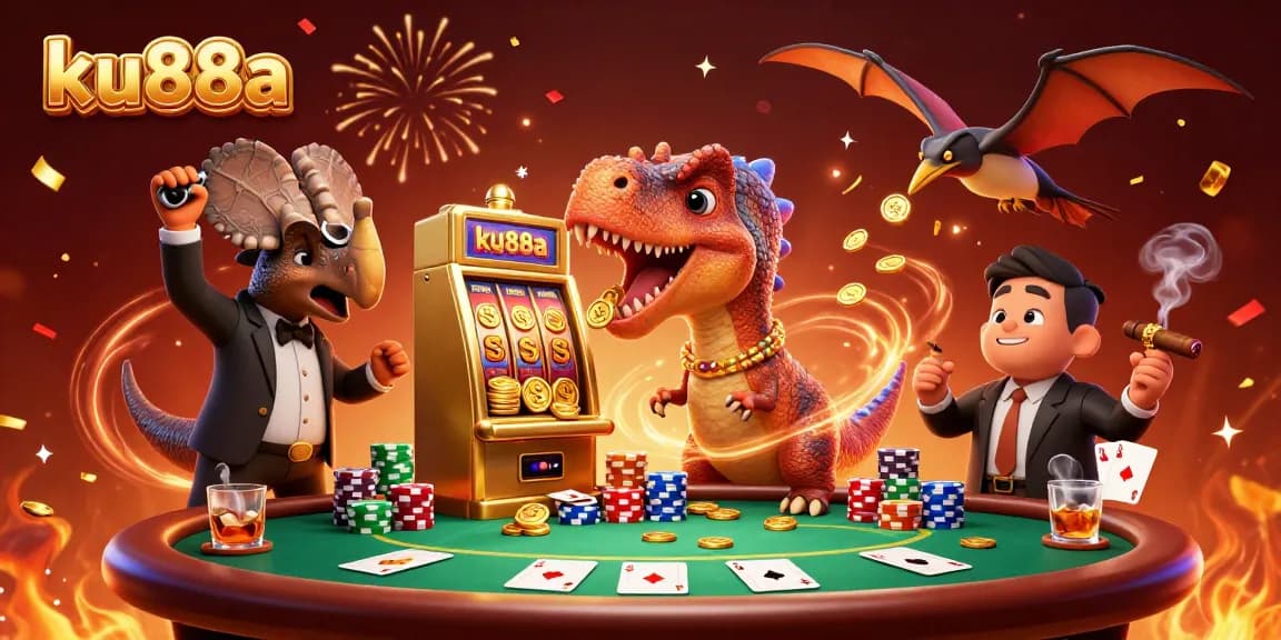 ku88a jackpot scene with a pachycephalosaurus and casino manager in action