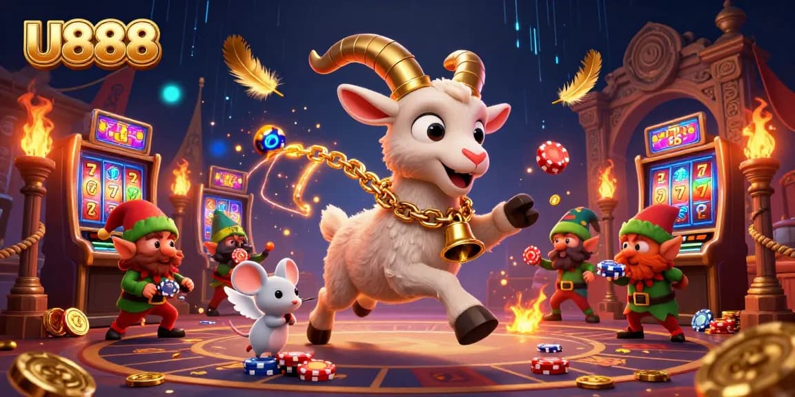 Engage with U888's thrilling slot games inside a fantasy casino featuring Krampus and playful characters.