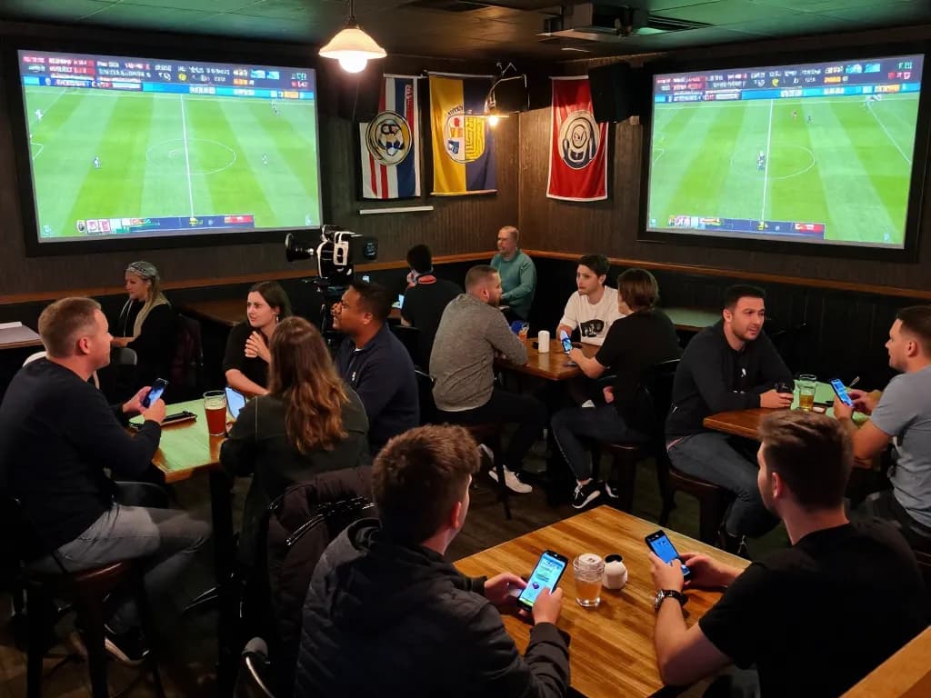 bóng đá lu enthusiasts placing bets while enjoying live soccer in a lively pub atmosphere