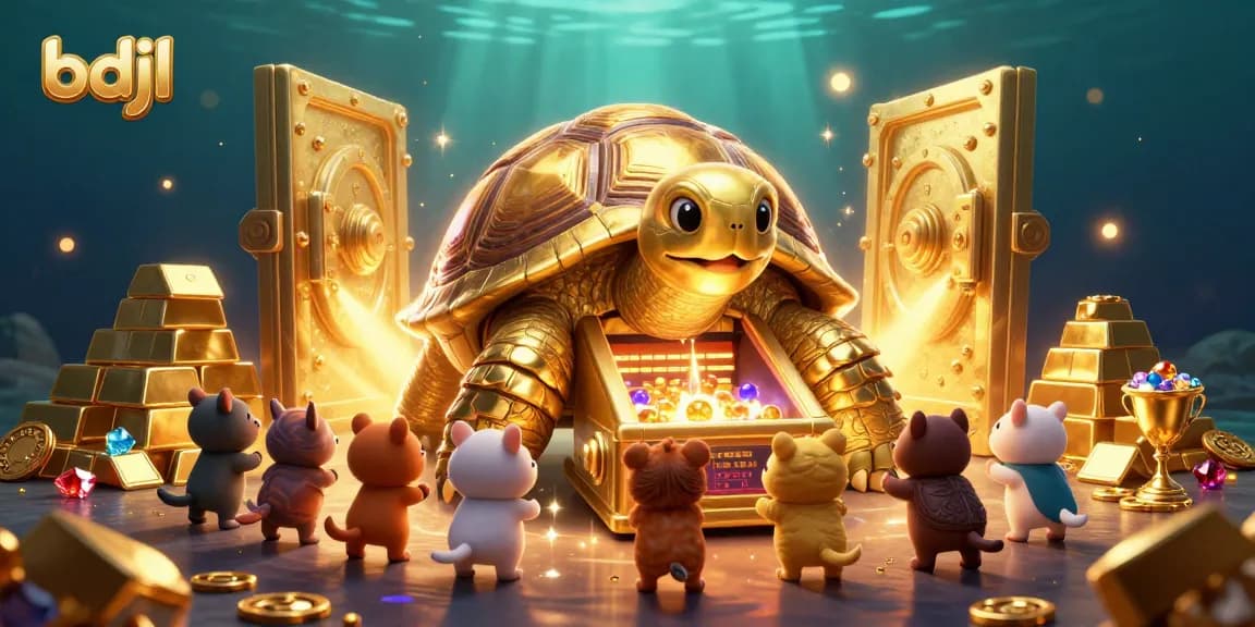 Engage with bdjl's exciting gaming scene featuring a golden tortoise and treasure elements.