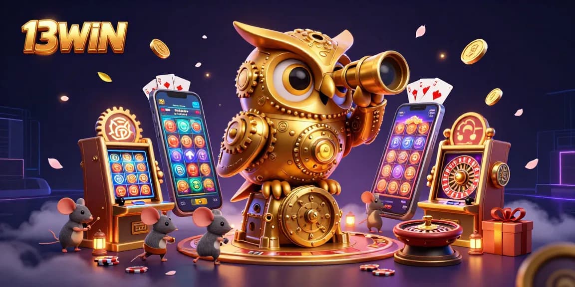 Experience 13WIN's vibrant gaming world with golden owls and playful mice enriching the casino scene.