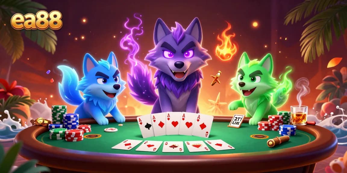 Engage in thrilling poker action with the featured ea88 glowing wolf leader among chips and cards.