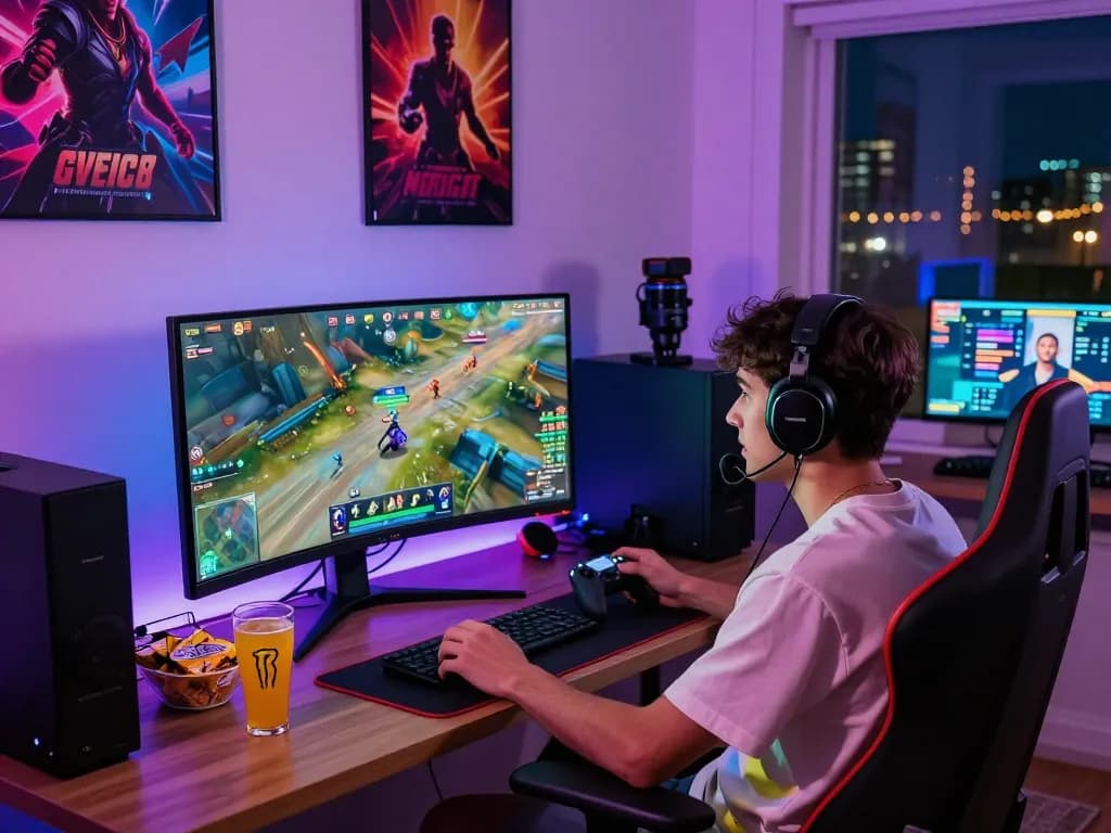 Gamer enjoying an immersive experience with 399W gaming setup in a modern room.