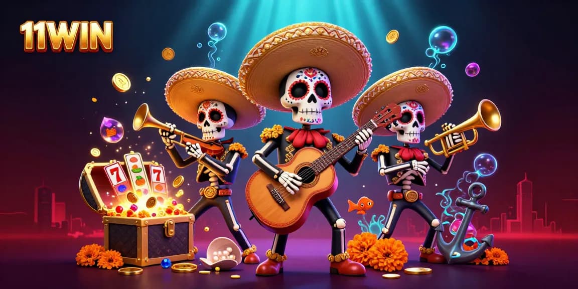 Experience the vibrant 11WIN casino action with a colorful mariachi band and dynamic slot elements.