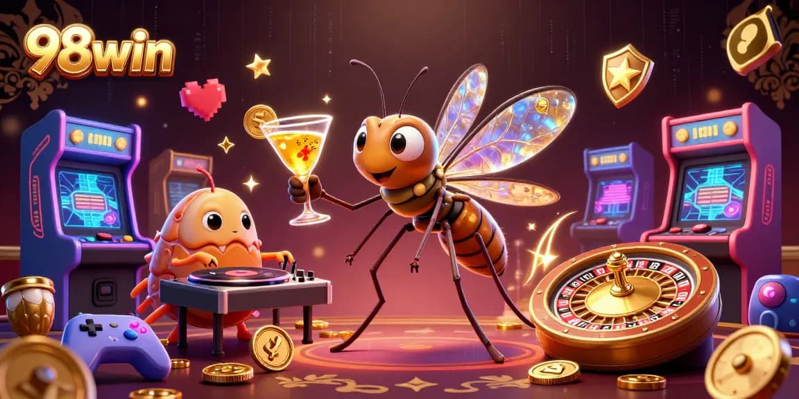 Experience thrilling gameplay with 98win's extravagant casino characters in a vibrant scene.