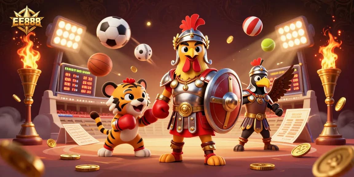 Experience dynamic gaming with EE888 as gladiator rooster and tiger cub engage in vibrant casino action.