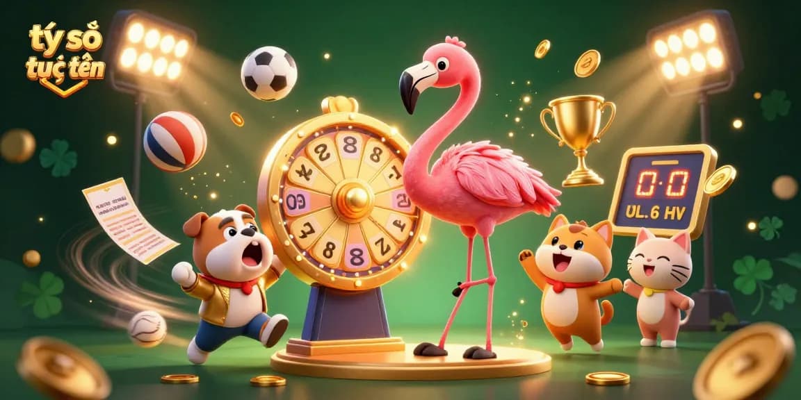 Engaging scene depicting tỷ số trực tuyến with a flamingo host, excited bulldog contender, and scoreboard cat, amidst flying sports elements.