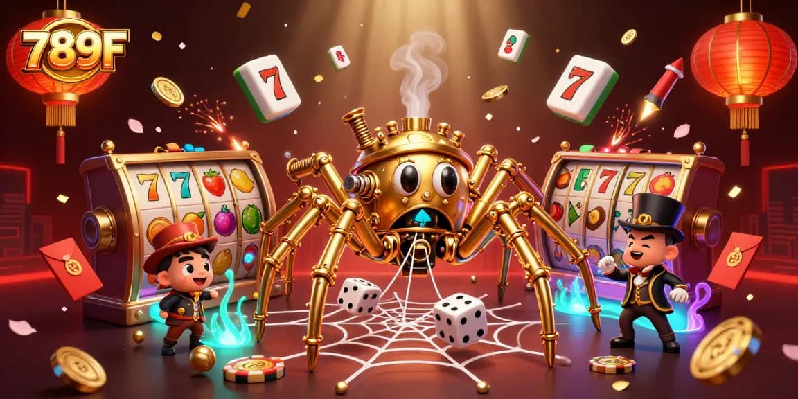 Experience the excitement of 789F with a whimsical steampunk spider in a vibrant casino scene.