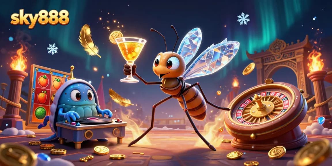 Immerse in the vibrant sky888 casino world with a lively scene featuring a frozen mosquito mascot and dynamic gaming elements.