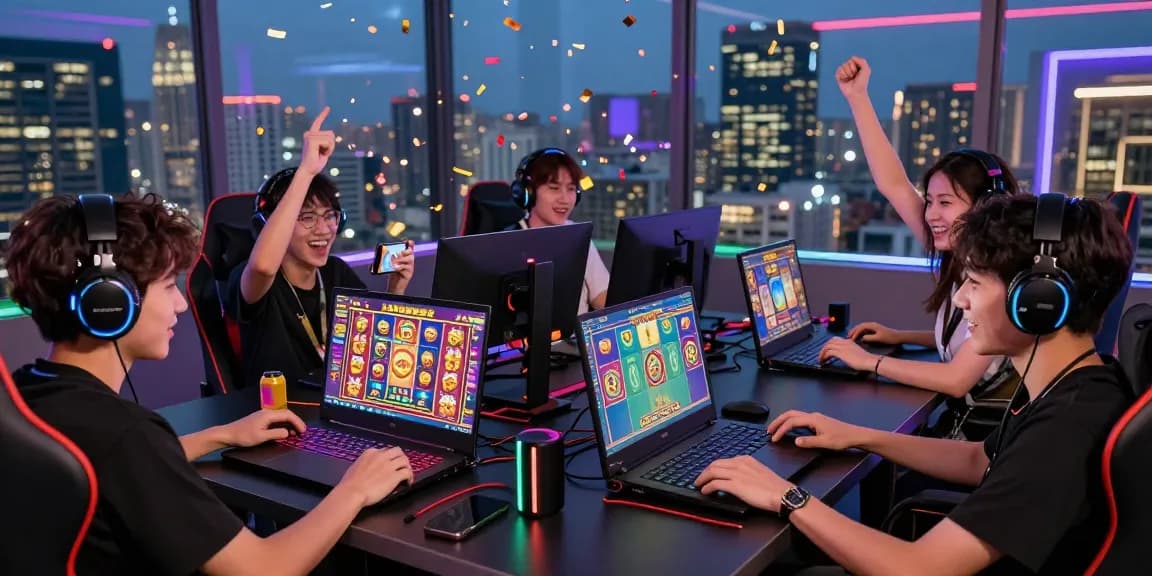 Excited gamers enjoying สล็อต online with vibrant graphics and city view.