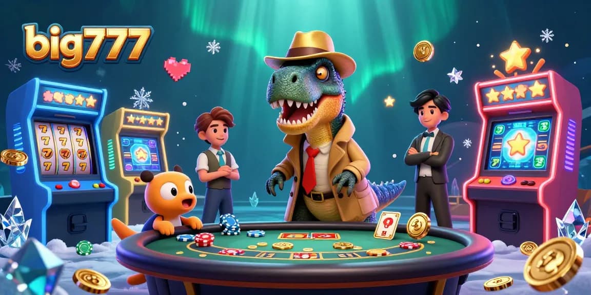 Big777 slots casino scene with a cartoon velociraptor card counter at a blackjack table.