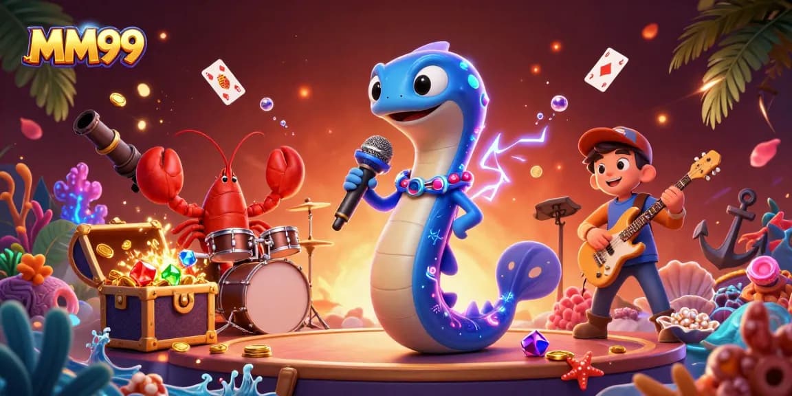 Experience the vibrant underwater casino scene featuring MM99 with electric eel, lobster drummer, and seahorse guitarist.