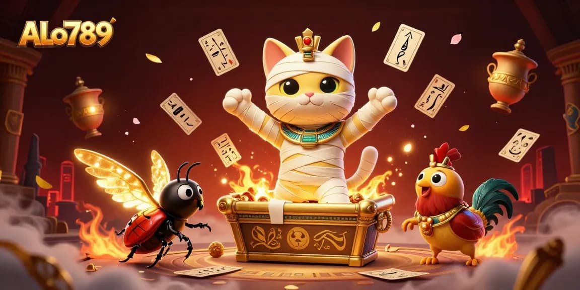 Experience live cockfighting action at ALo789, with a mummy cat and vibrant casino visuals.