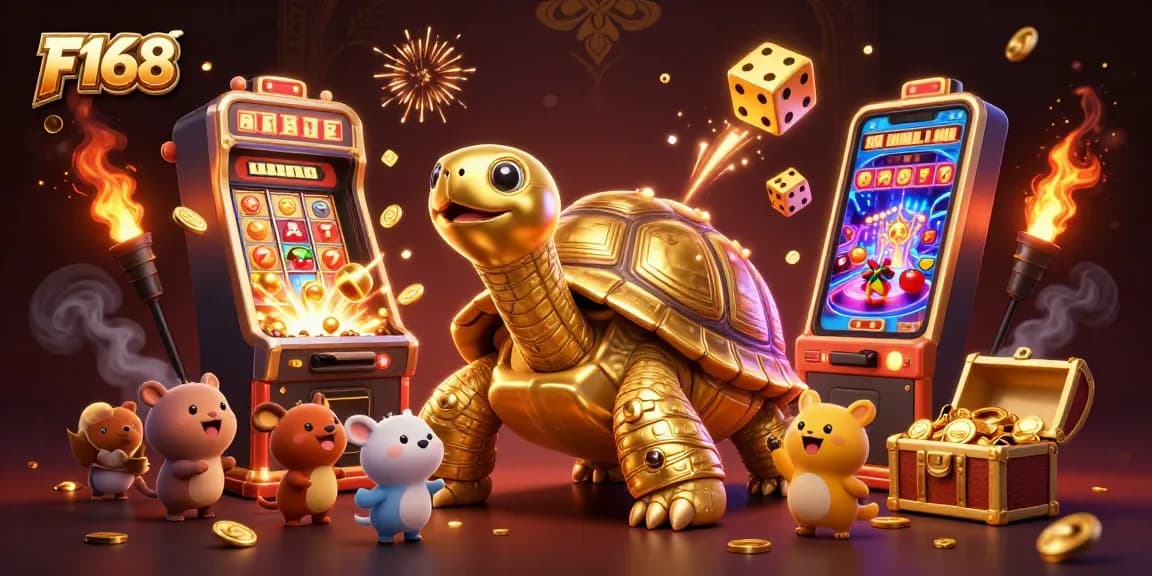 Experience thrilling gameplay at F168 with a golden tortoise pinball machine and a jackpot explosion of coins.