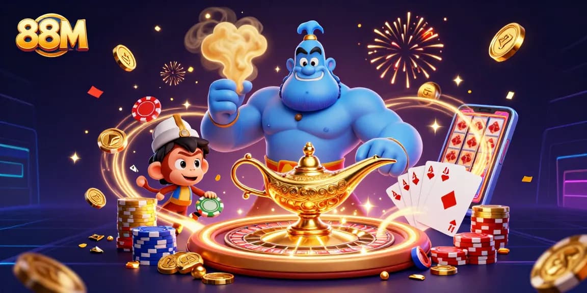 88M offers a vibrant 3D casino scene with a genie, poker chips, and festive confetti.