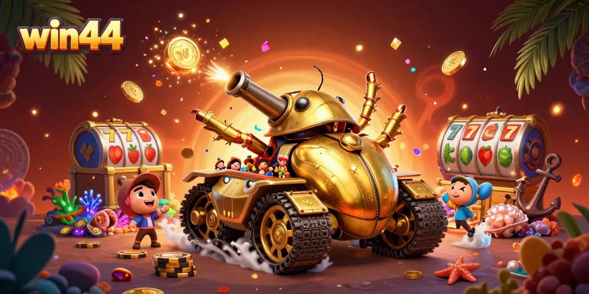 Experience excitement with win44's unique casino adventure in a 3D vibrant scene filled with treasures.