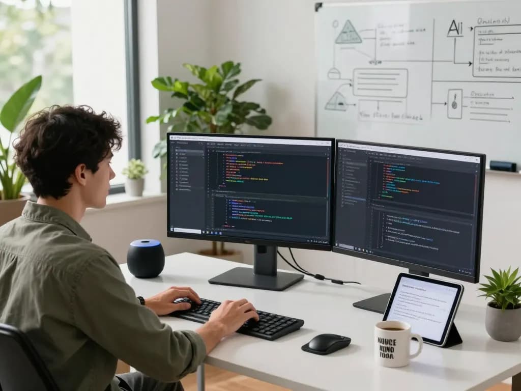 Developer coding with OpenClaw interface at a modern workspace, showcasing tech gadgets and vibrant decor.
