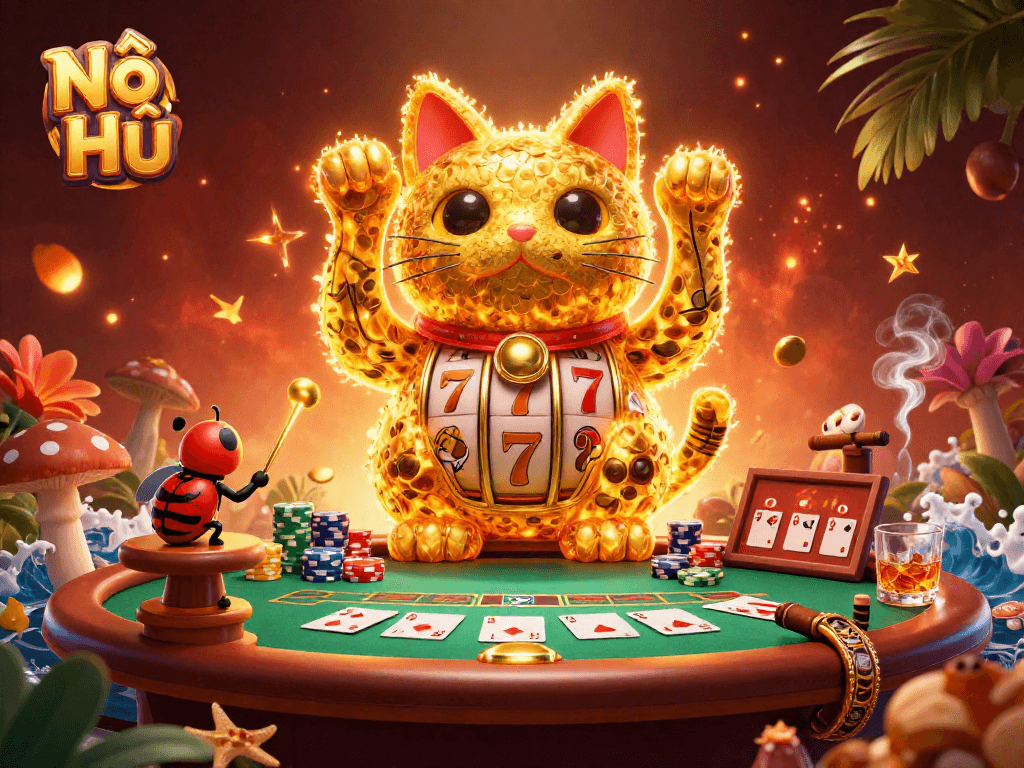 Nổ Hũ showcases a vibrant scene of a lucky cat made of fireflies amidst slot reels and poker elements.