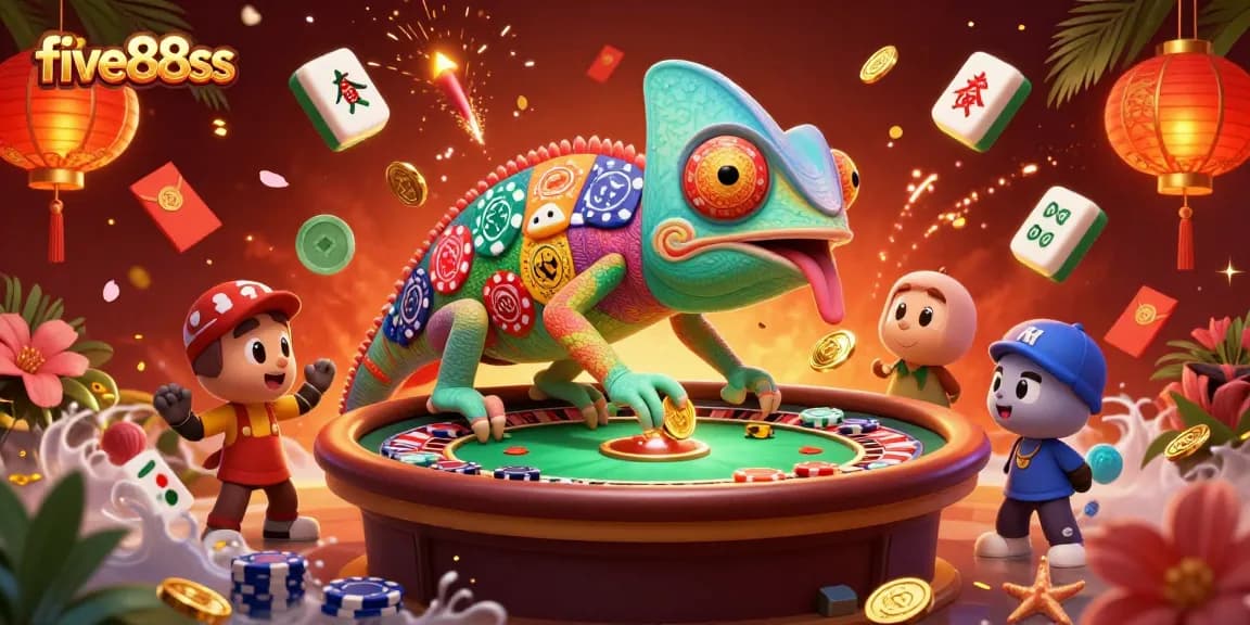 Join the excitement at five88sss while the chameleon owner entertains with vibrant casino elements.