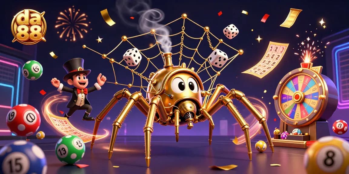 Experience the thrill of da 88 with vibrant lottery balls and a whimsical spider in a dynamic casino scene.