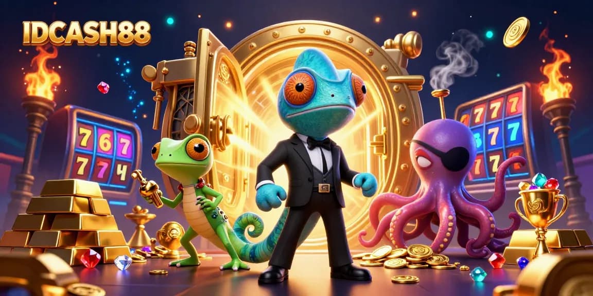 Experience the thrill of IDCASH88 in a vibrant casino scene filled with treasures and characters.