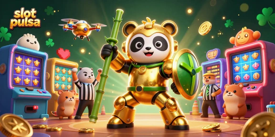 Experience thrilling slot pulsa gameplay with a dynamic 3D illustration of a golden panda piloting a robot!