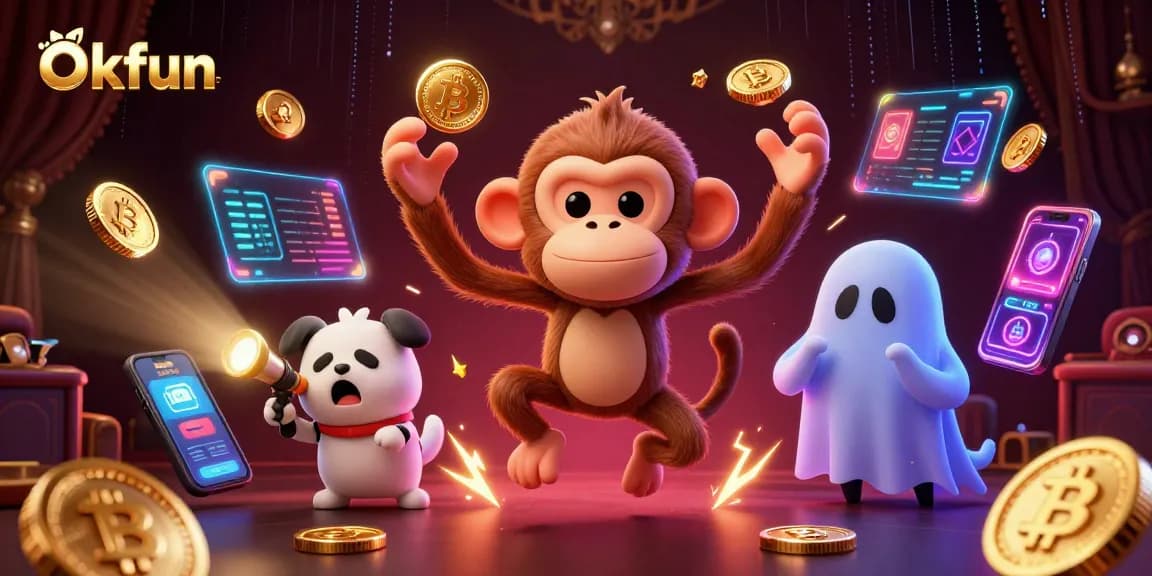 Experience gaming excitement with Okfun's mischievous monkey and ghost-hunter puppy in a thrilling casino scene.