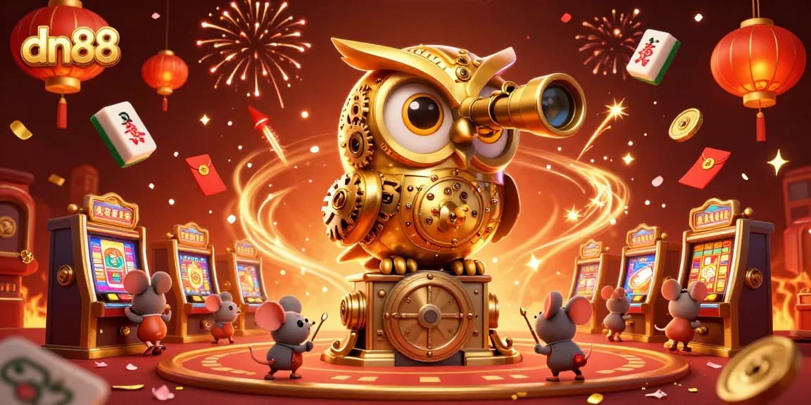 Experience thrilling gaming at dn88 with a grand clockwork owl overlooking a vibrant casino atmosphere.