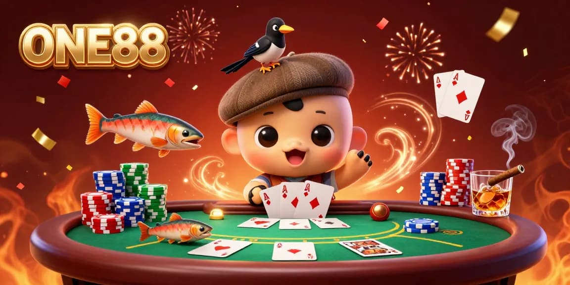Engage with ONE88's vibrant 3D illustration featuring playful characters amidst a lively casino backdrop.