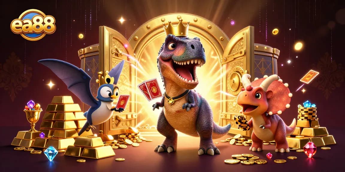 Interact with exciting gaming moments at ea88 with T-Rex and friends amid dazzling treasures and cards.
