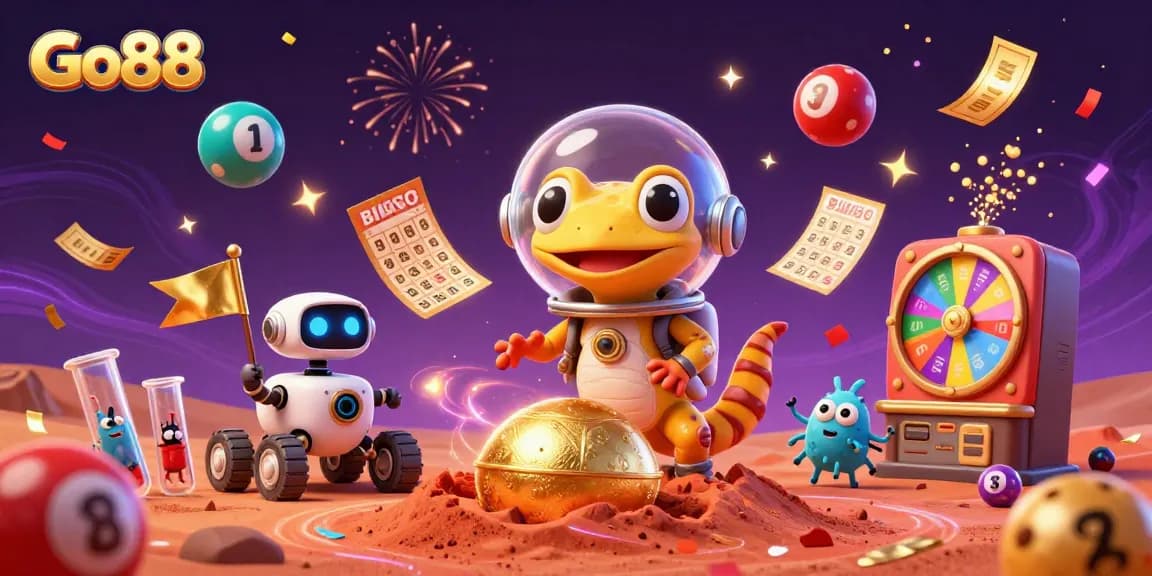 Go88 brings excitement with a 3D Martian gecko discovering a golden casino amidst celebratory balls and confetti.