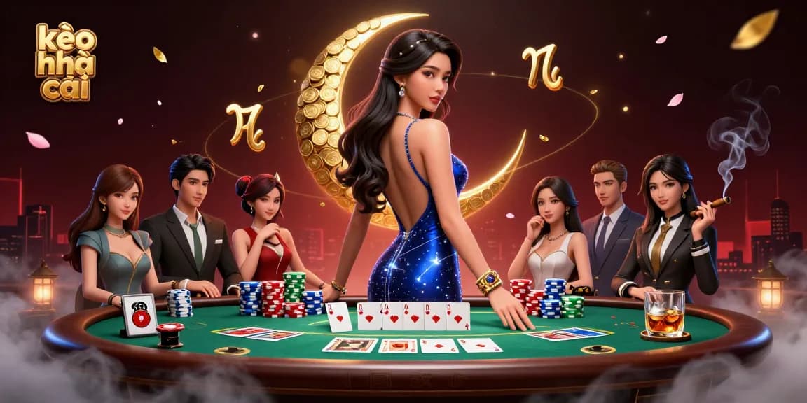 Bet on kèo nhà cái with a stunning view of a vibrant poker scene and an elegant Asian woman.